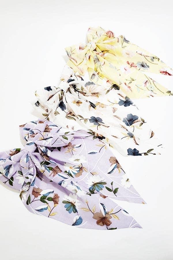 Flower Print Long Tail Barrette Double Hair Bow