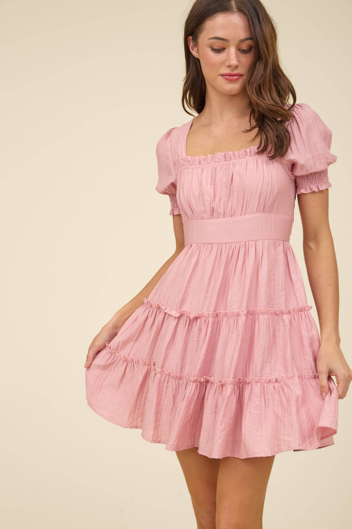 PINK SMOCKED TIERED MINI DRESS