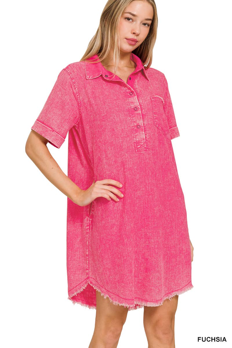 WASHED LINEN BUTTON DOWN V-NECK DRESS