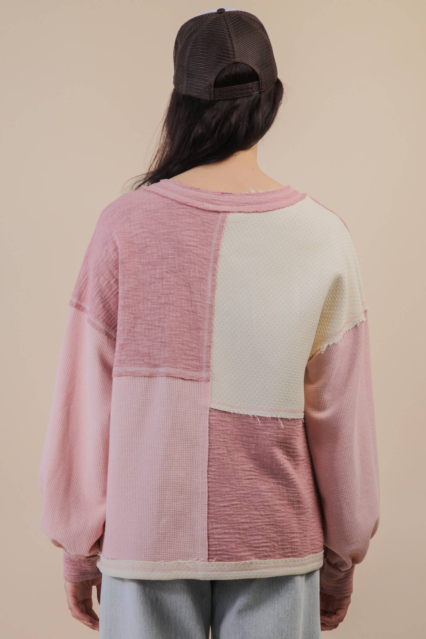 Pink Oversized Color Block Casual Knit Top