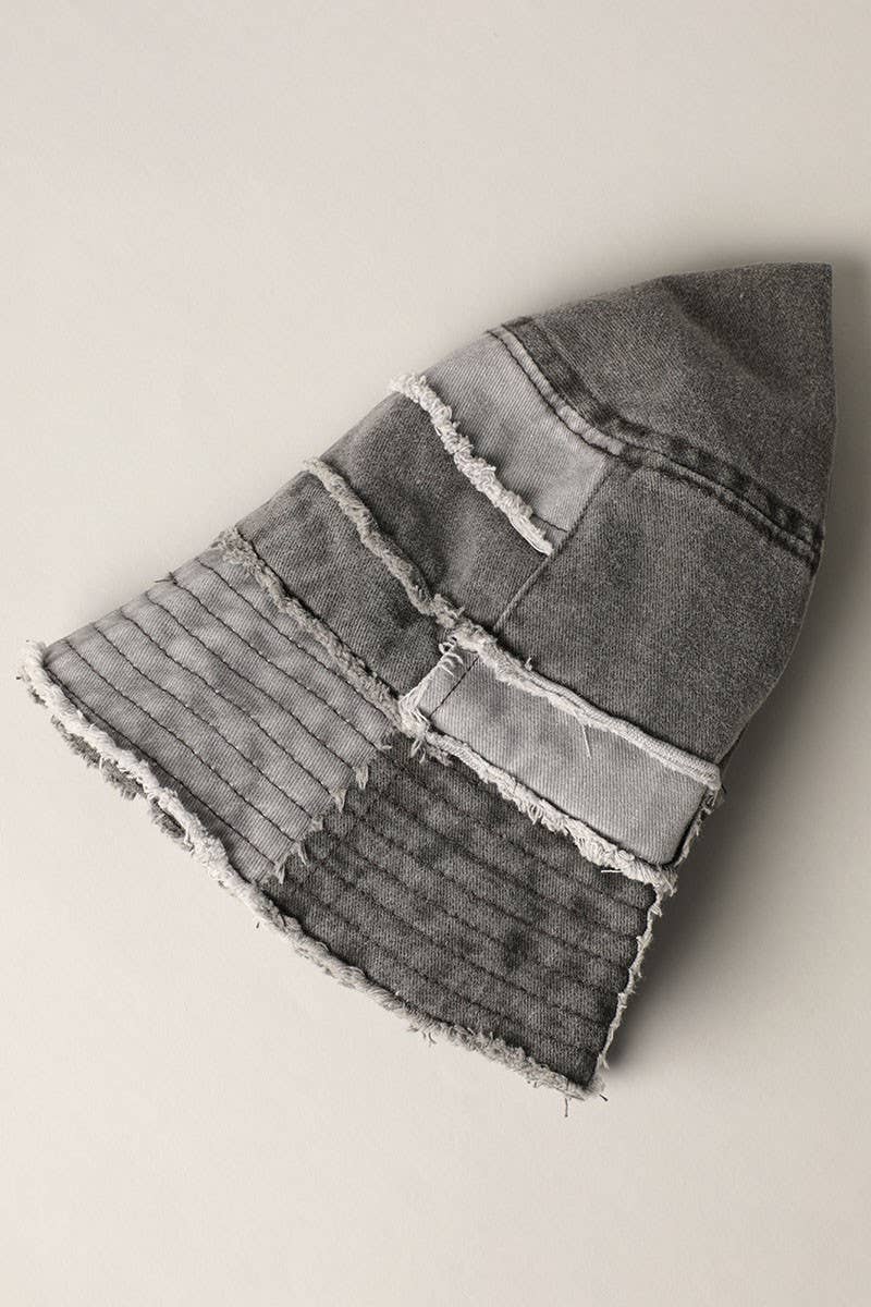 Frayed Patchwork Canvas Denim Bucket Hat
