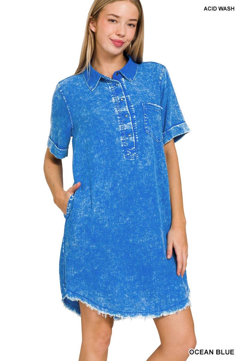 WASHED LINEN BUTTON DOWN V-NECK DRESS