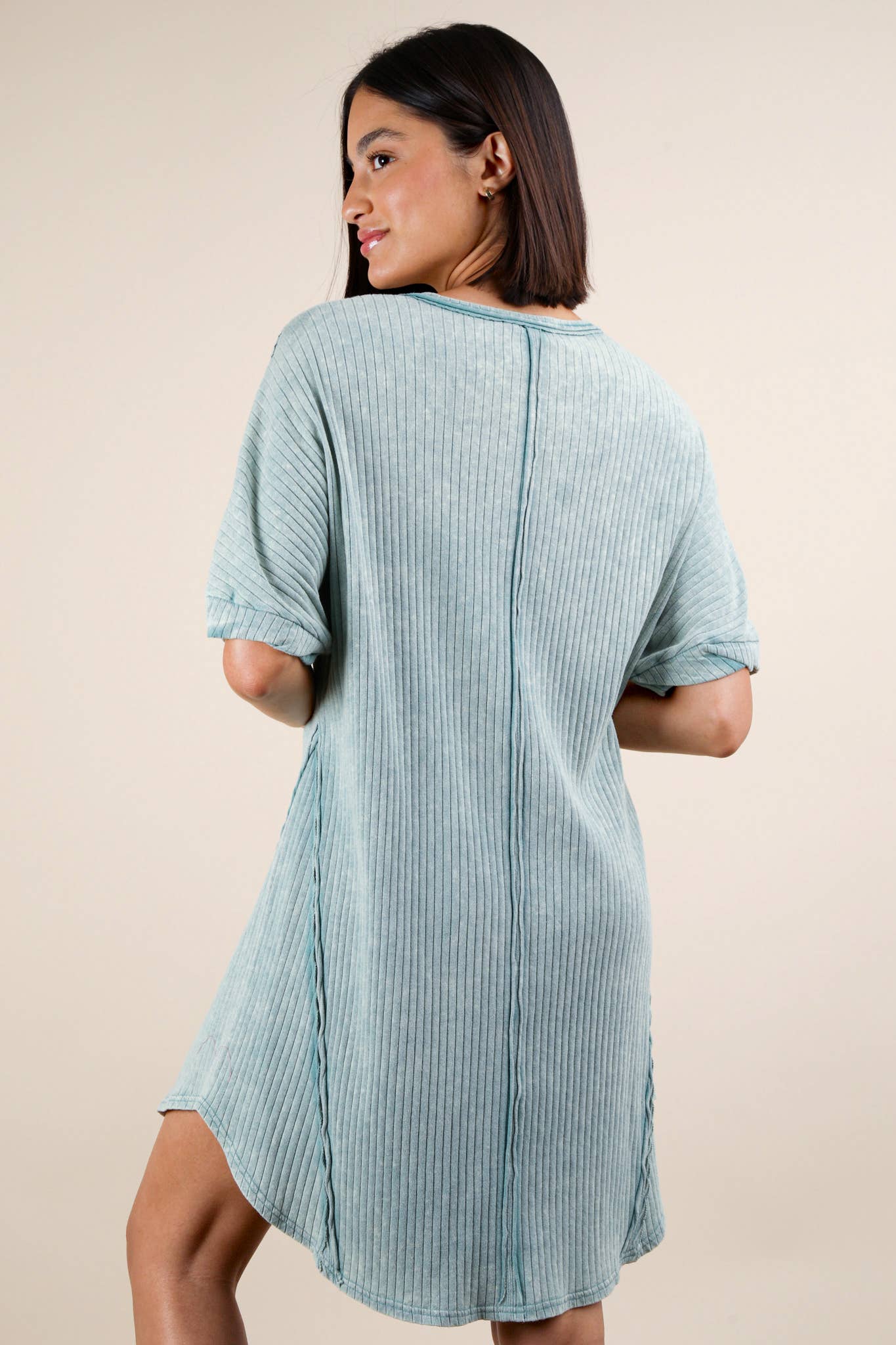 Mineral Washed Ribbed Knit Shift Mini Dress