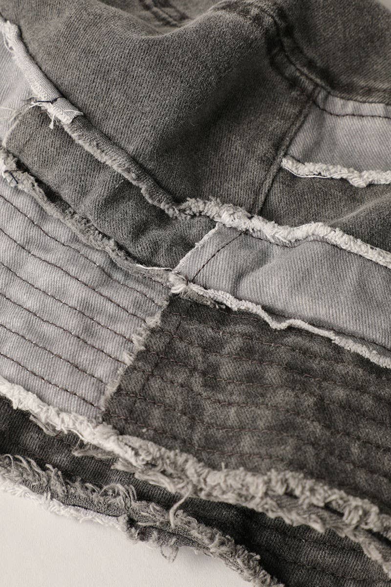 Frayed Patchwork Canvas Denim Bucket Hat