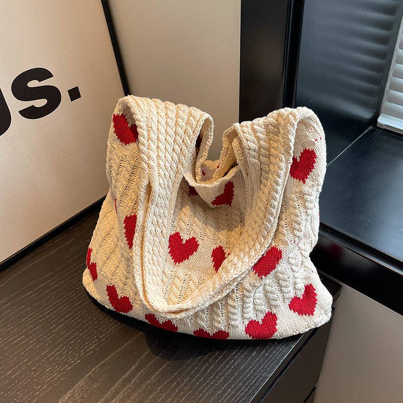 Knitted Heart Design Shoulder Tote Bag