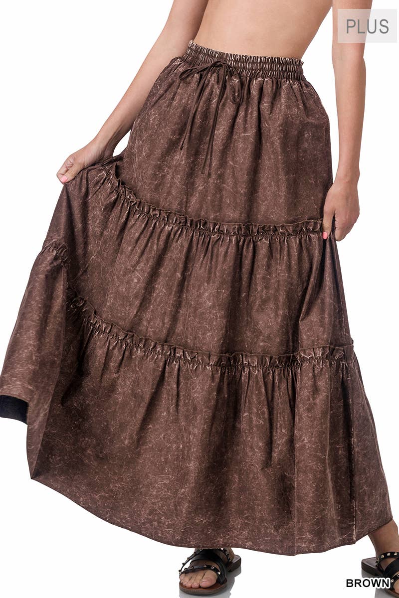 PLUS SIZE WOVEN ACID WASH DRAWSTRING WAIST TIER