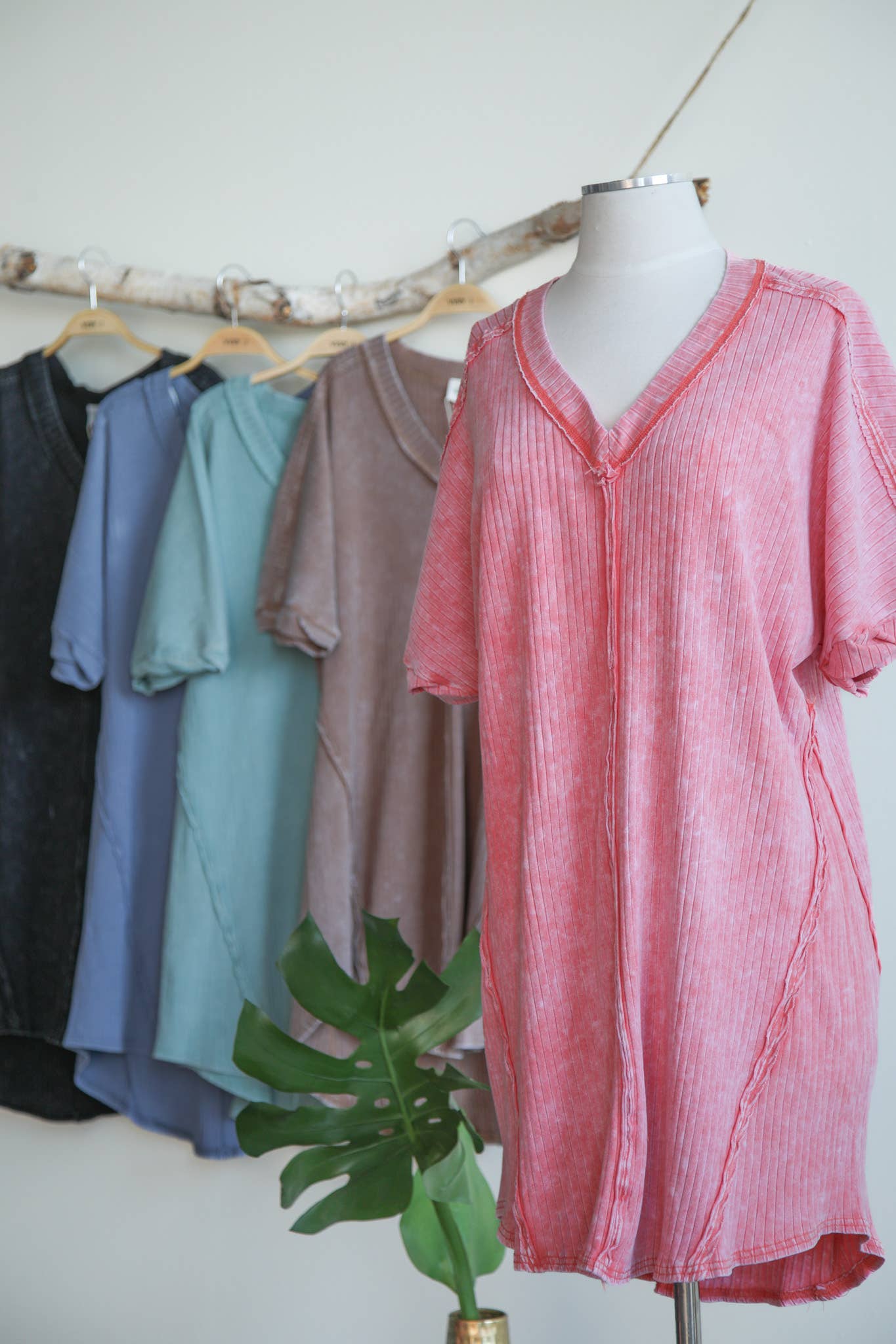 Mineral Washed Ribbed Knit Shift Mini Dress