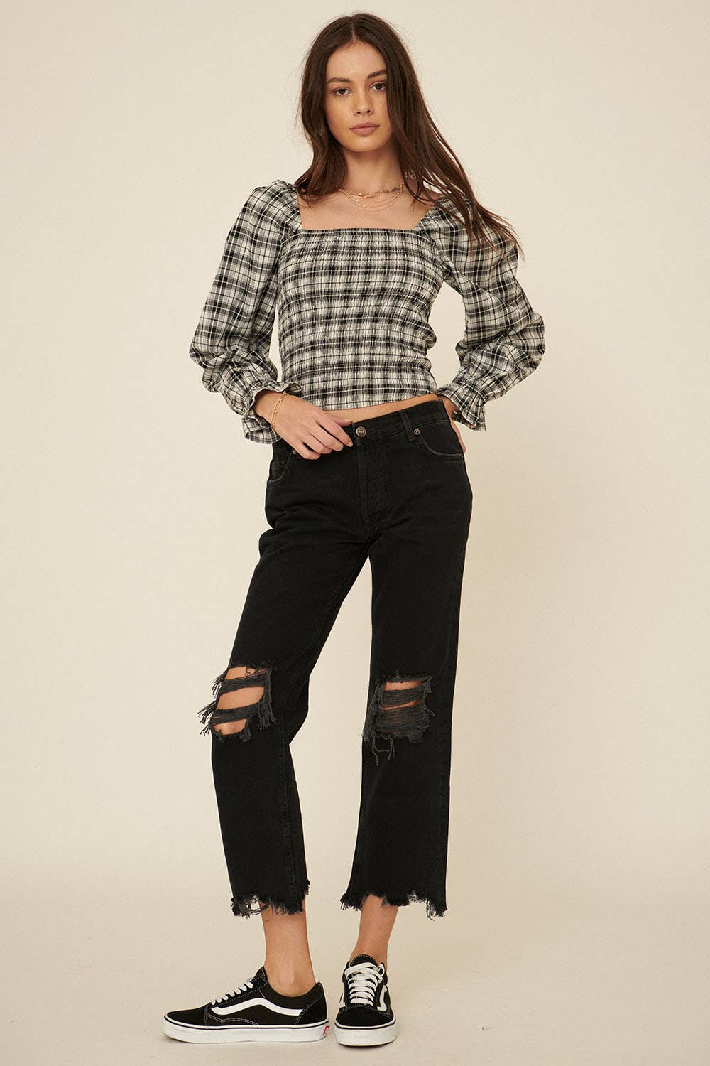 Plaid Square Neckline Smocked Bodice Blouse