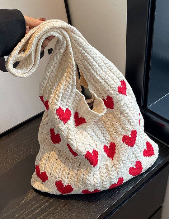 Knitted Heart Design Shoulder Tote Bag