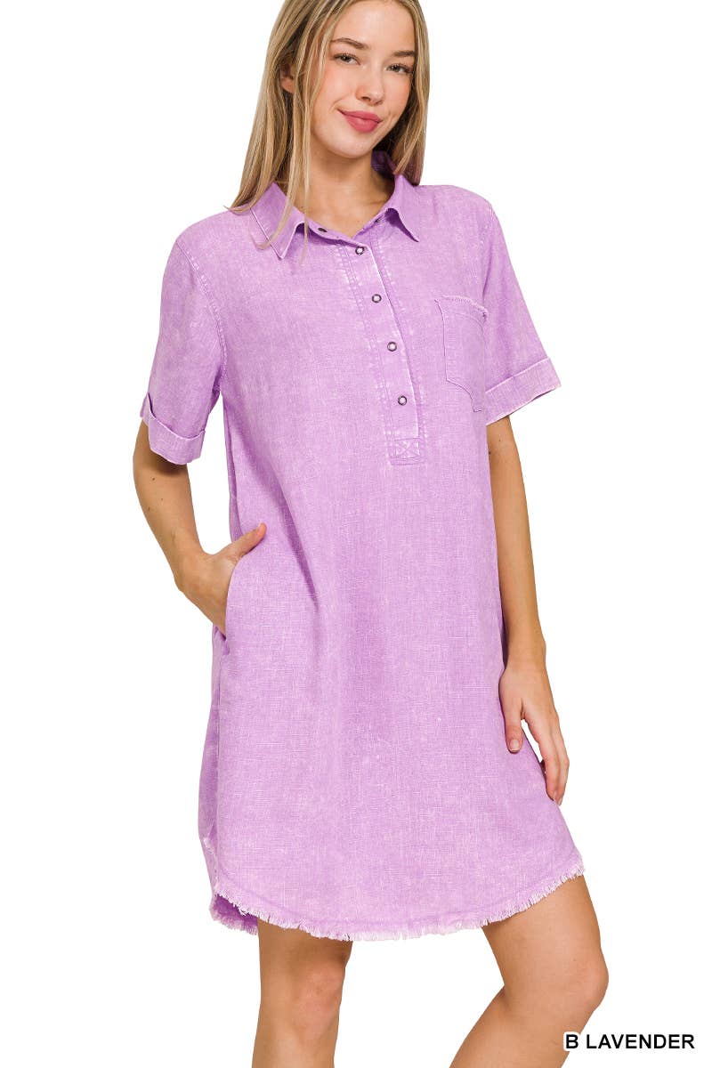 WASHED LINEN BUTTON DOWN V-NECK DRESS