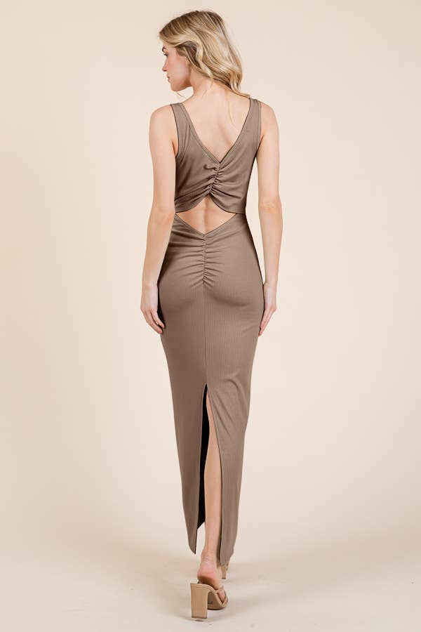 BACK RUCHED TANK BACK SLIT RIB MAXI DRESS