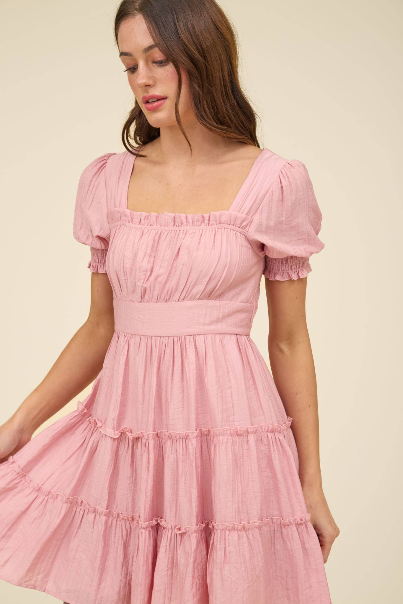 PINK SMOCKED TIERED MINI DRESS