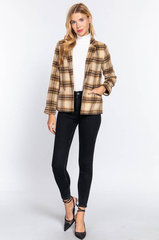 Long Sleeve Notched Collar Plaid Jacket