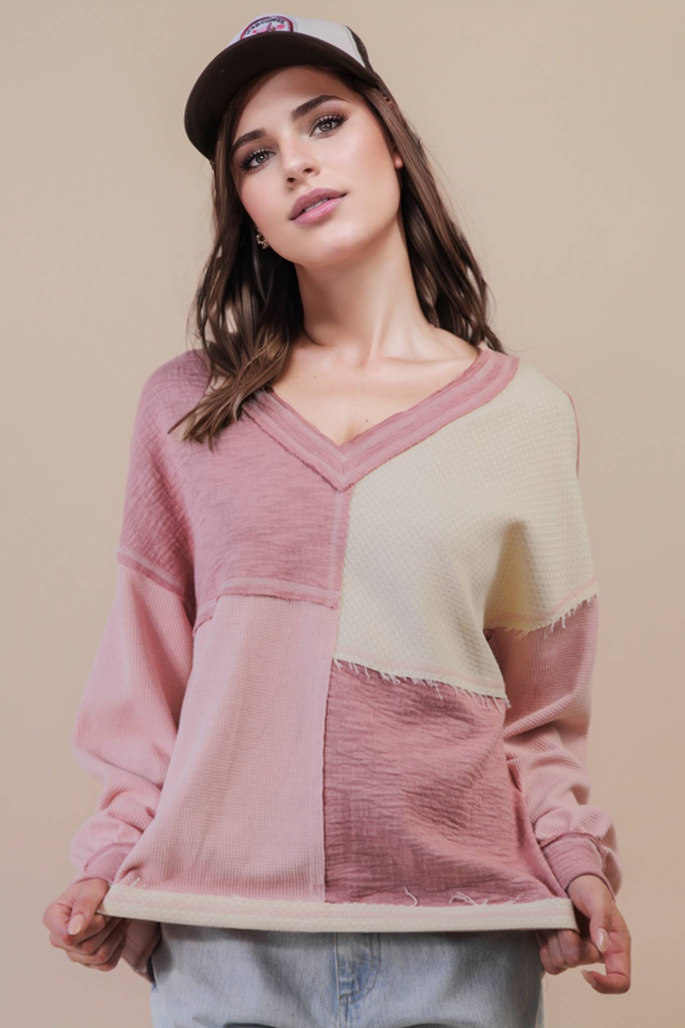 Pink Oversized Color Block Casual Knit Top
