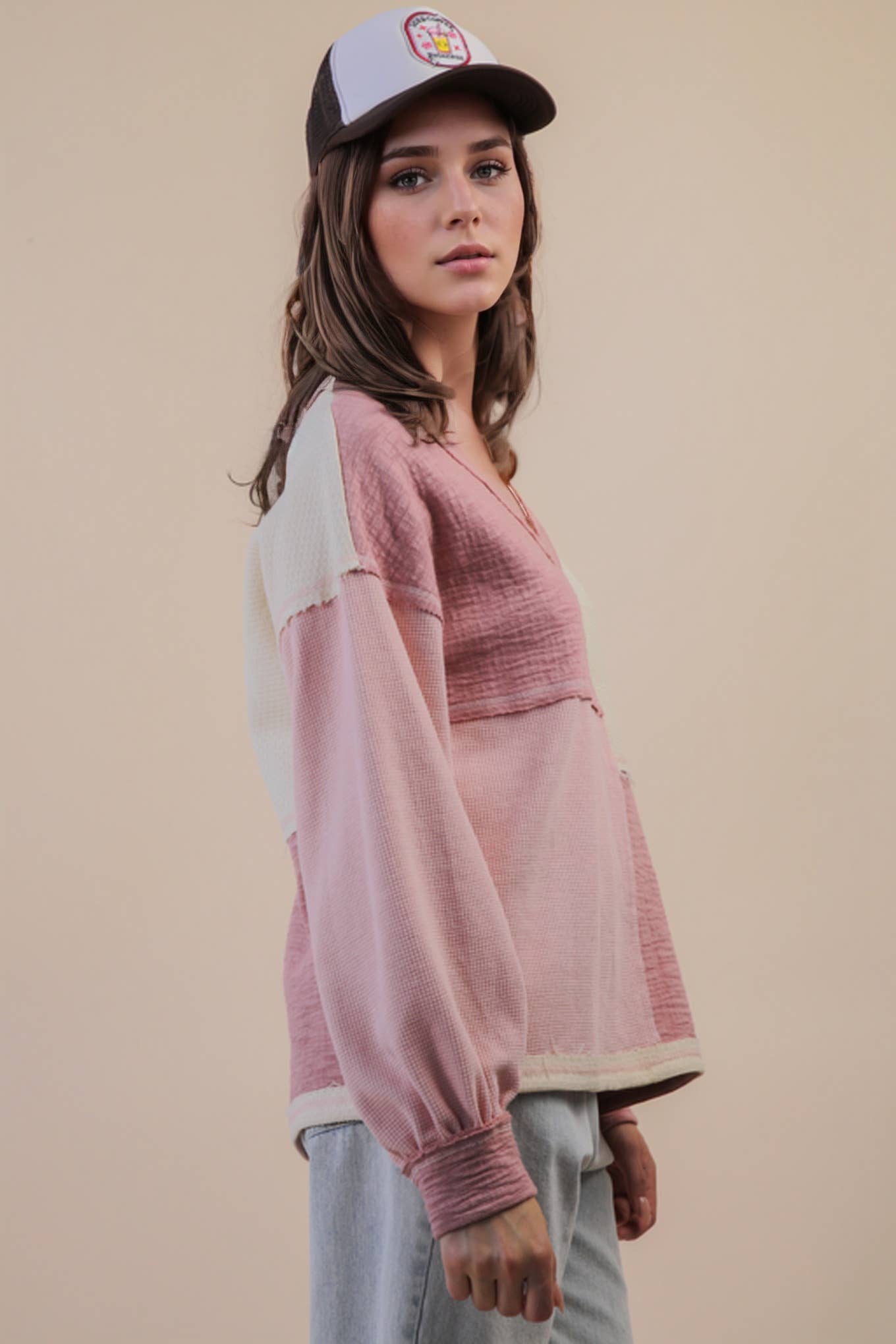 Pink Oversized Color Block Casual Knit Top