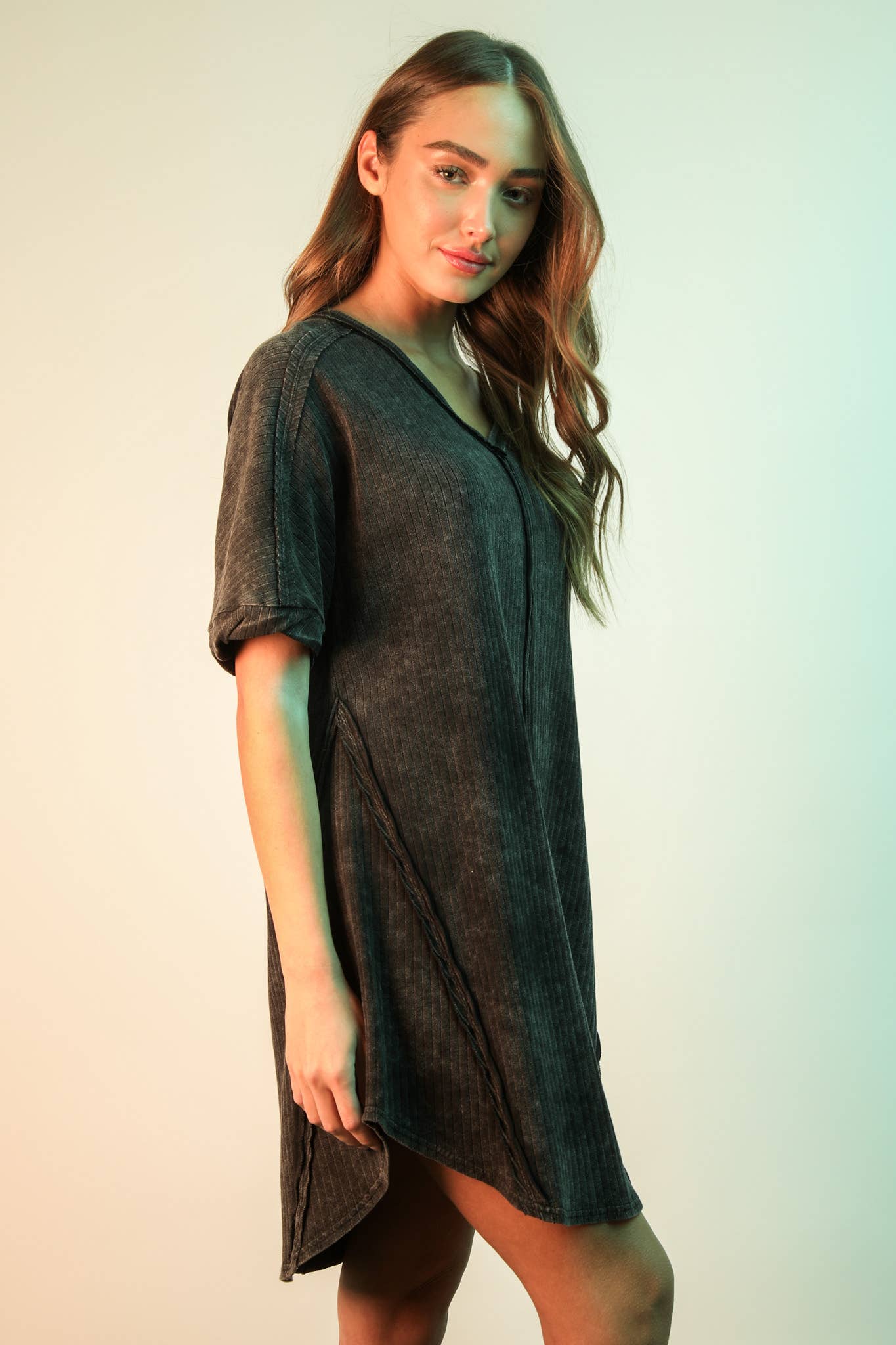 Mineral Washed Ribbed Knit Shift Mini Dress