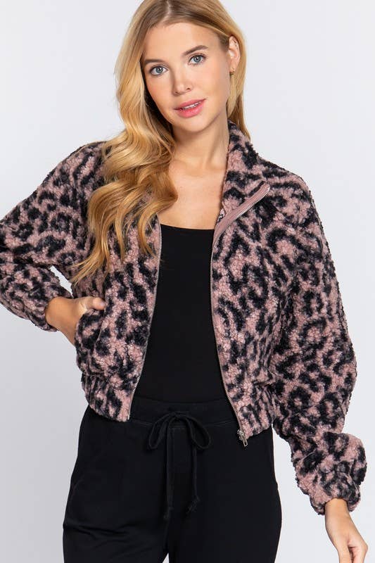 Long Sleeve Animal Print Faux Fur Jacket