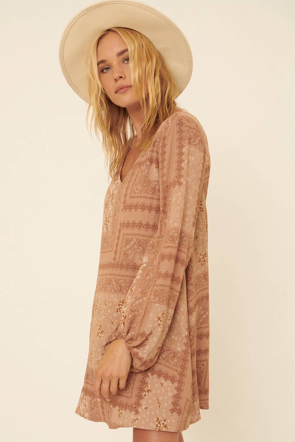Bandana-Print Long-Sleeve Cutout Mini Shift Dress