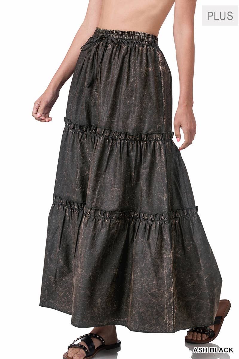 PLUS SIZE WOVEN ACID WASH DRAWSTRING WAIST TIER