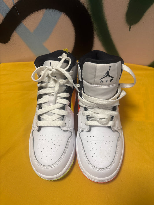 Nike Air Jordan 1 Mid "Composition Notebook" (GS) in the White, Volt, and Hyper Crimson colorway Size 4 men Size 5.5 Women