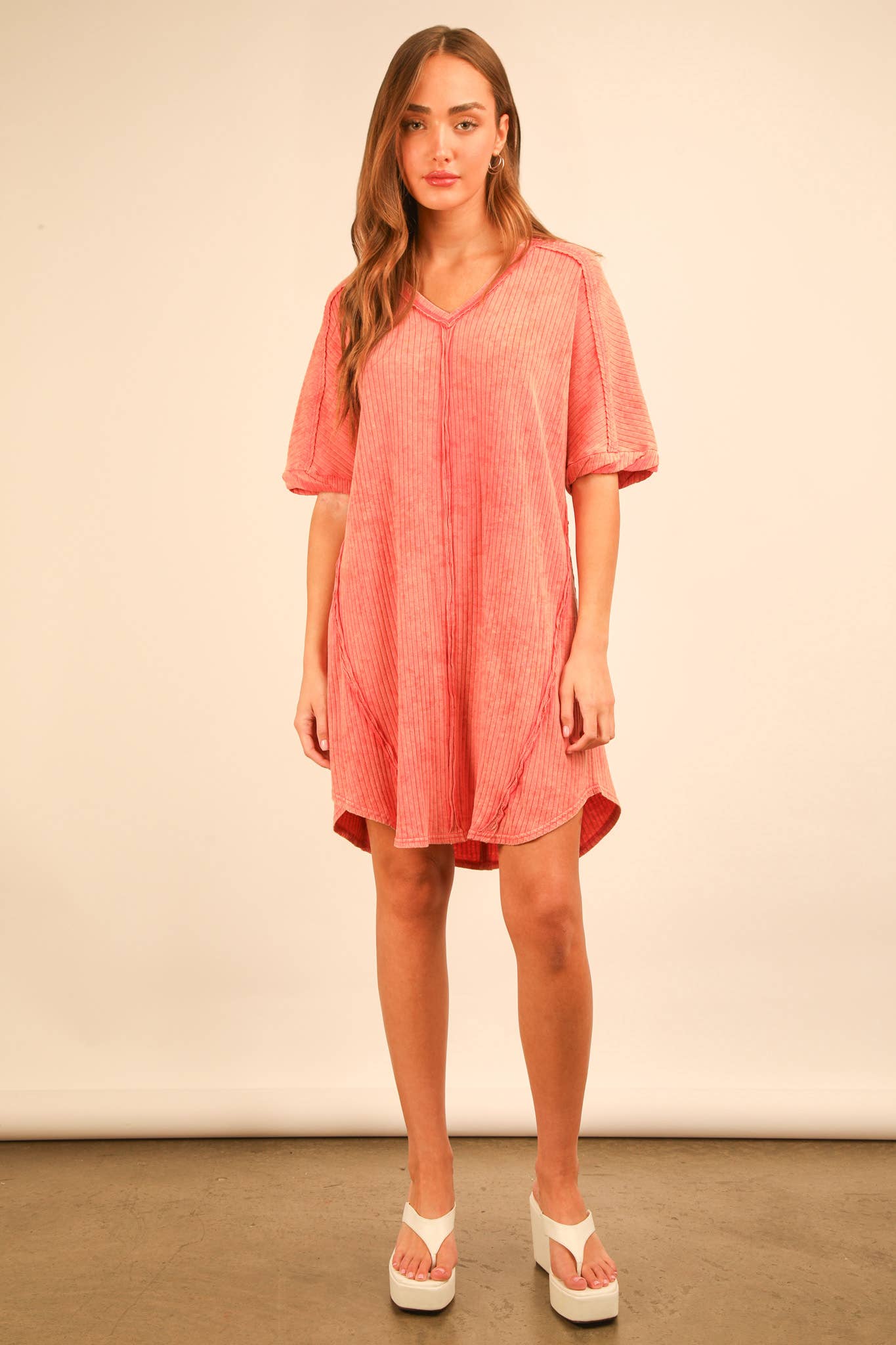 Mineral Washed Ribbed Knit Shift Mini Dress