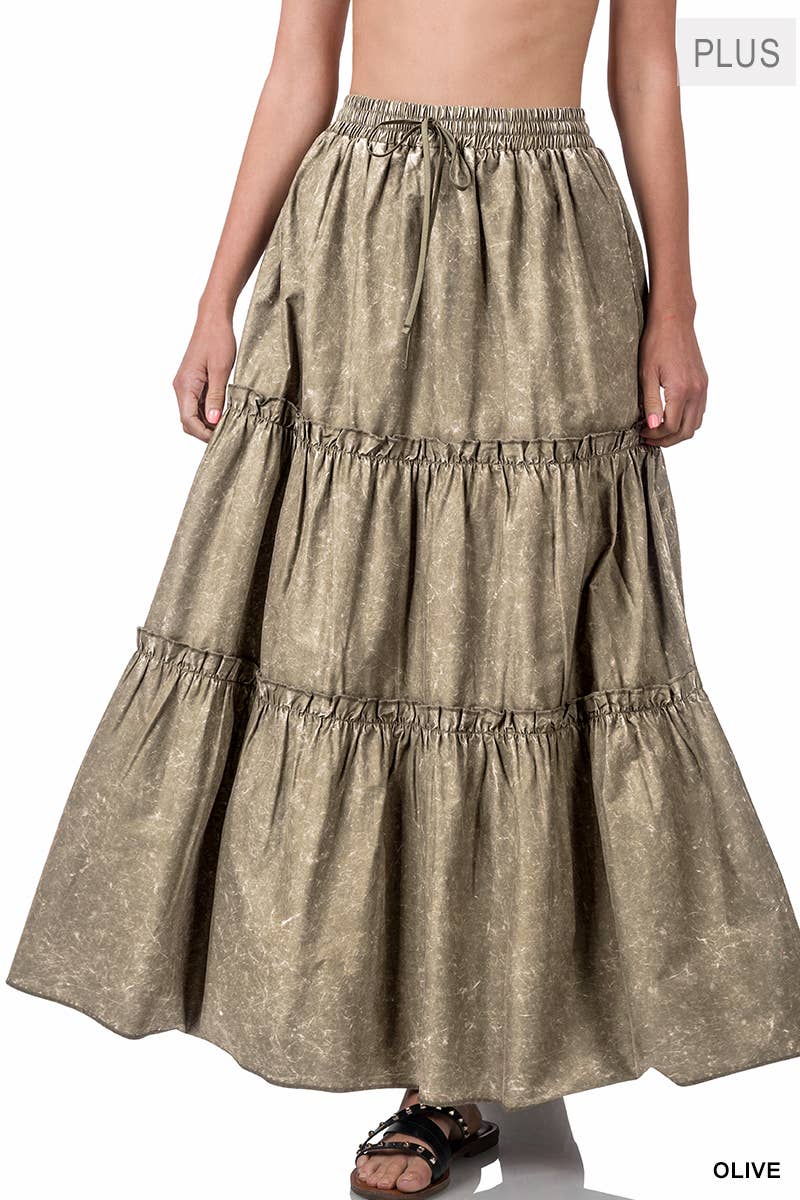 PLUS SIZE WOVEN ACID WASH DRAWSTRING WAIST TIER