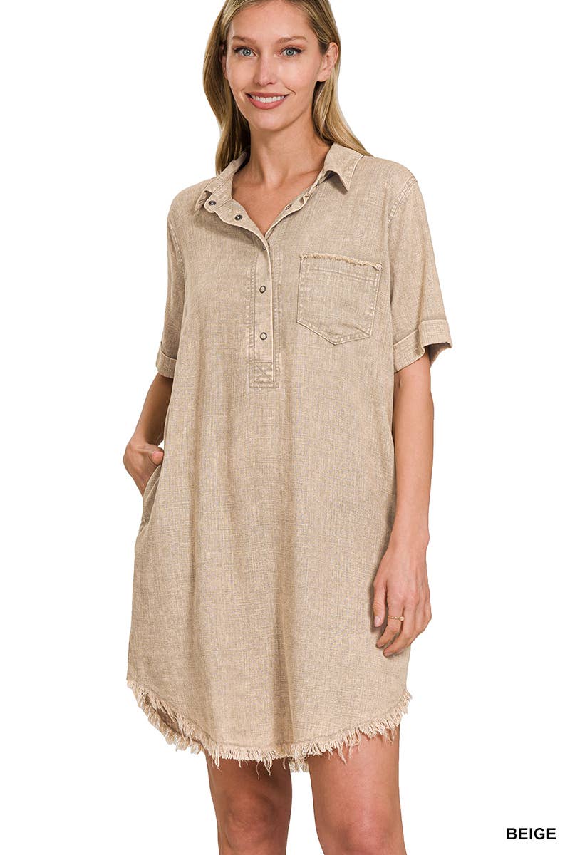 WASHED LINEN BUTTON DOWN V-NECK DRESS