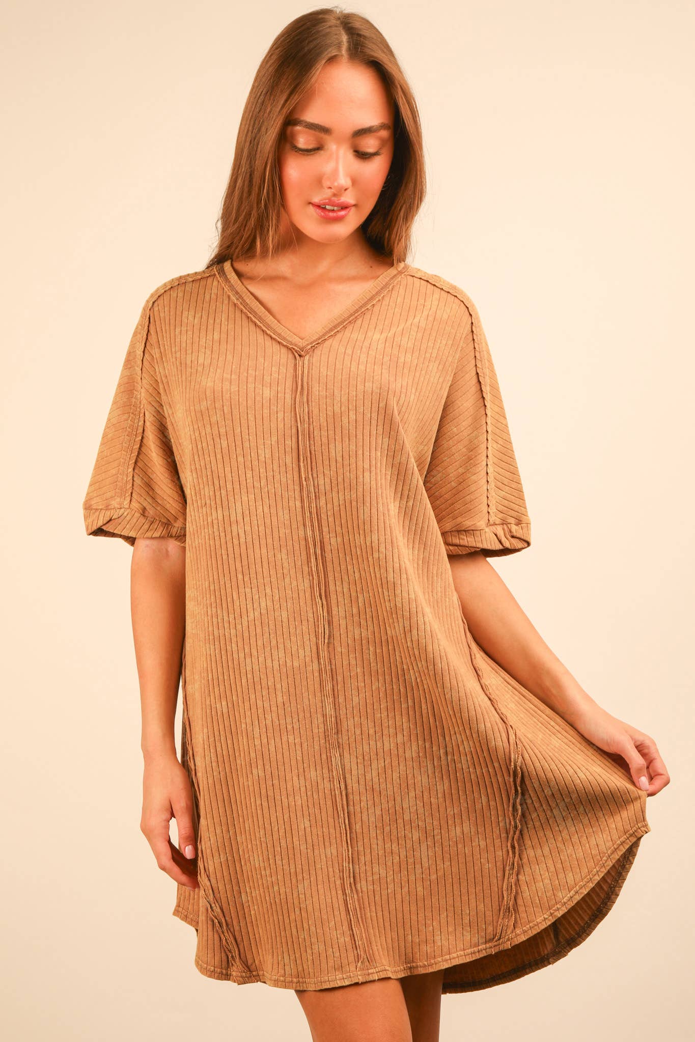 Mineral Washed Ribbed Knit Shift Mini Dress