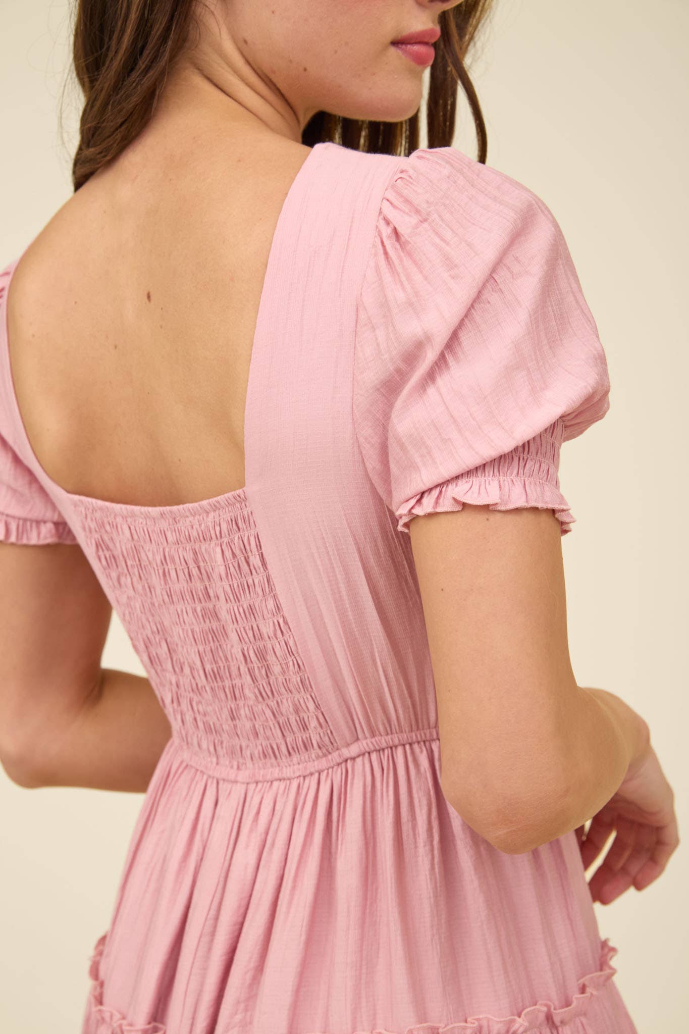 PINK SMOCKED TIERED MINI DRESS