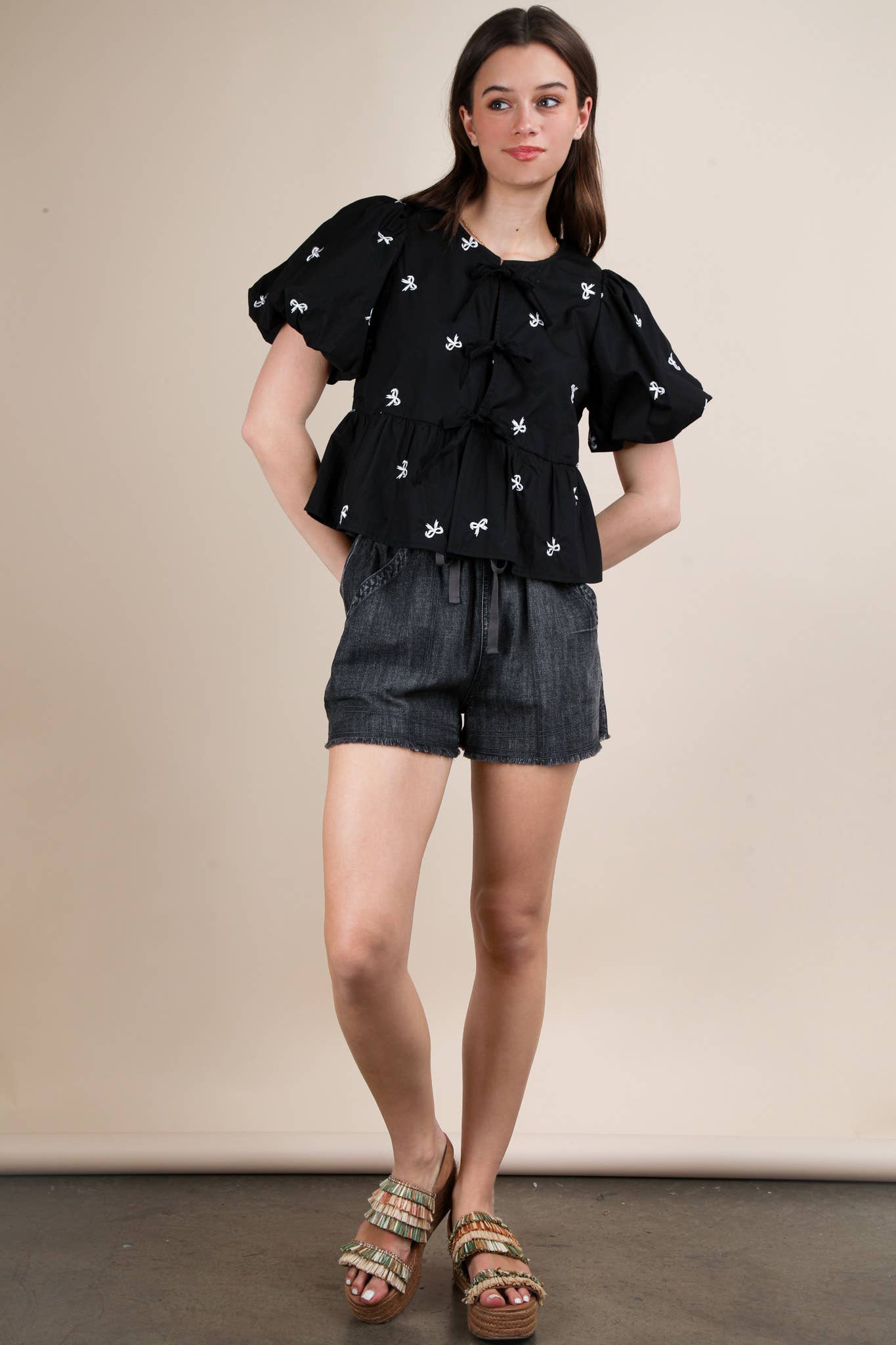 Black Front Tie Bow Embroidered Blouse Top