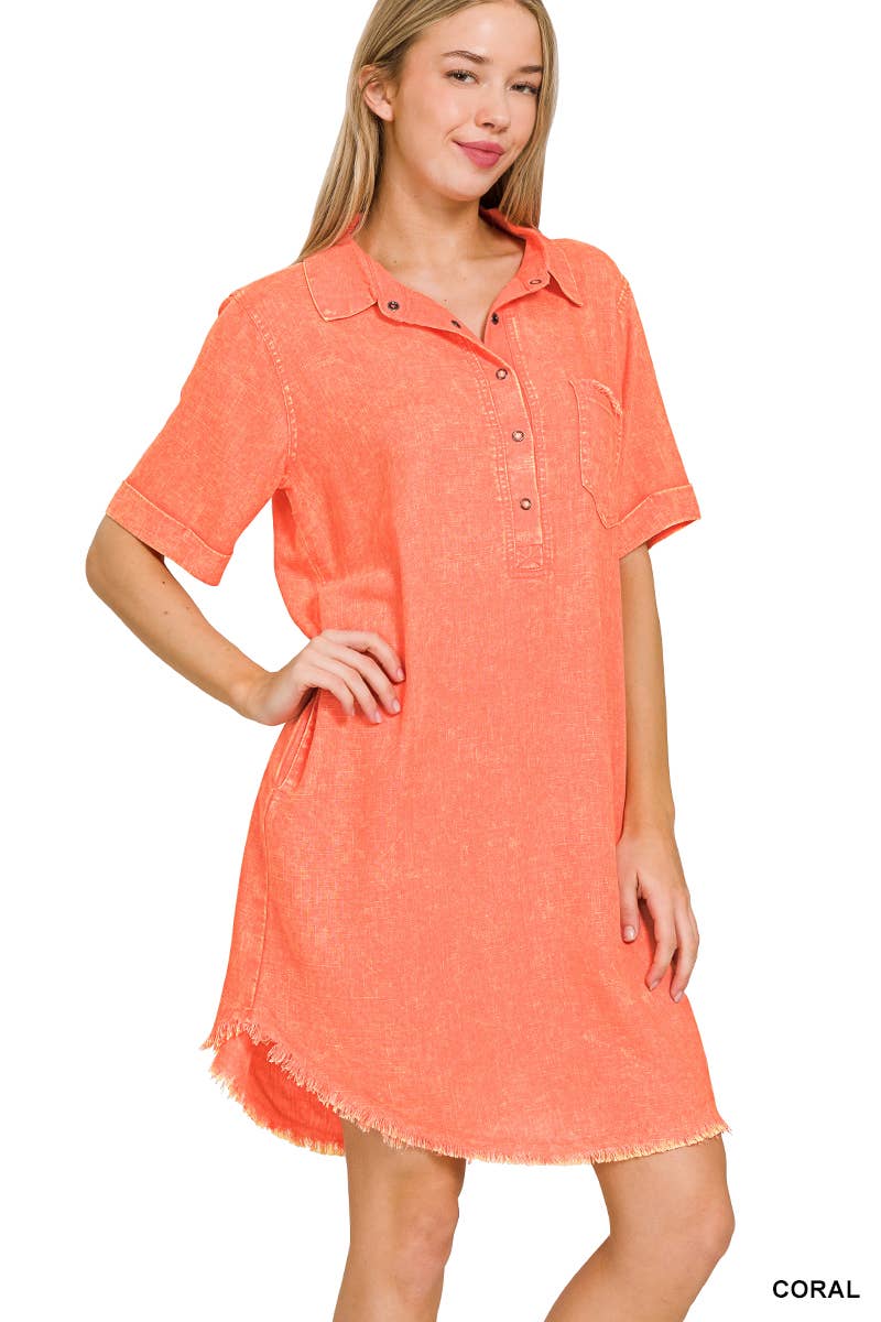 WASHED LINEN BUTTON DOWN V-NECK DRESS
