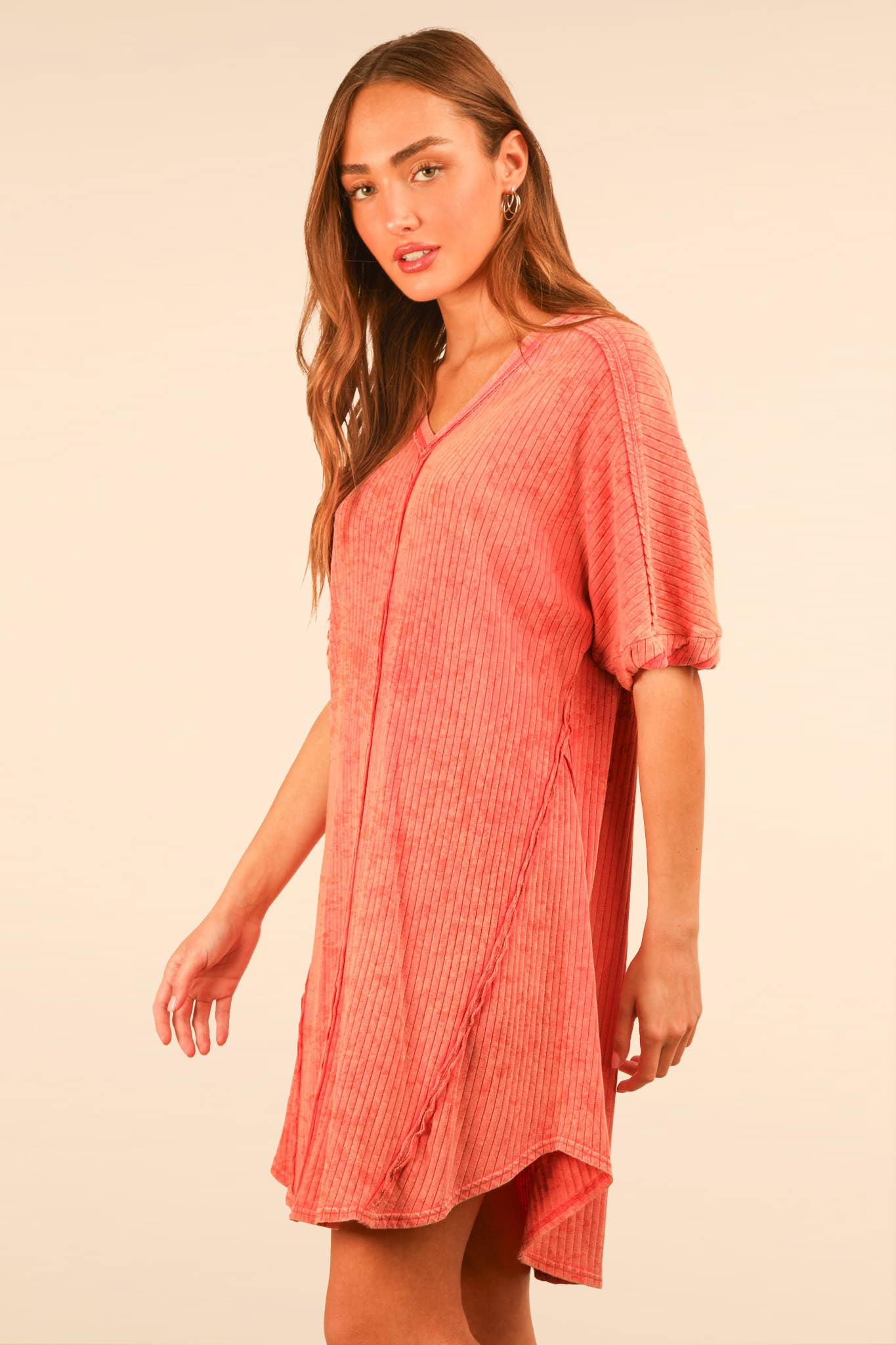 Mineral Washed Ribbed Knit Shift Mini Dress