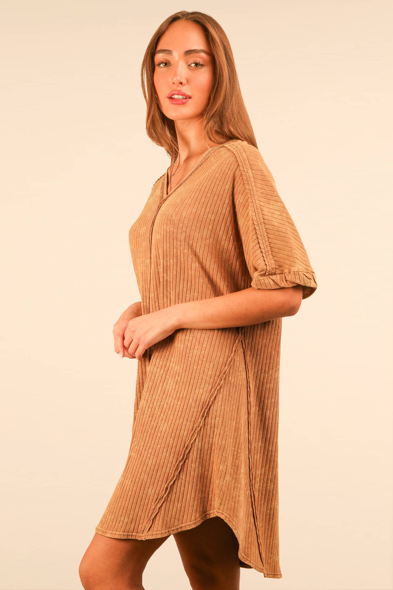 Mineral Washed Ribbed Knit Shift Mini Dress