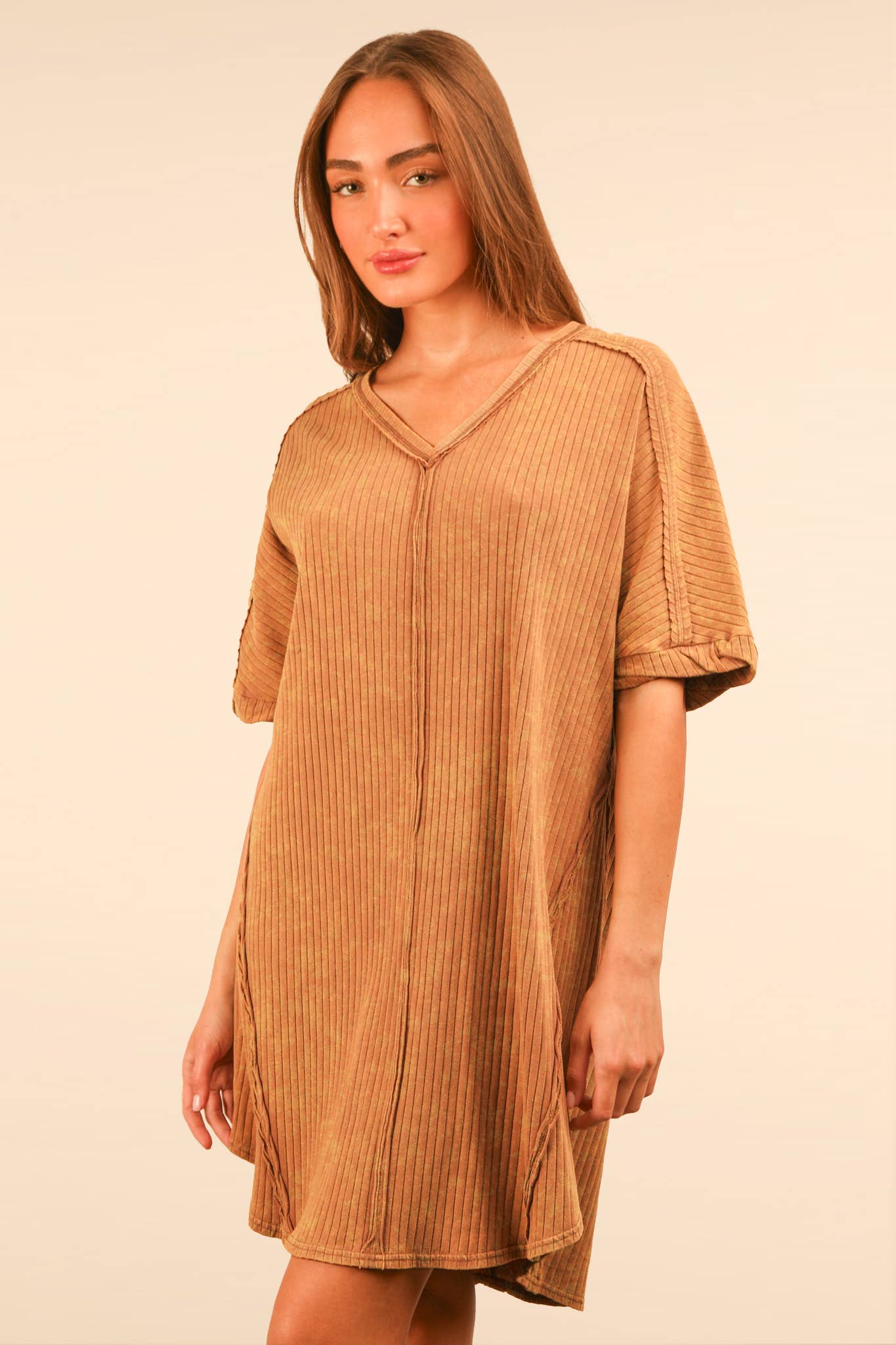Mineral Washed Ribbed Knit Shift Mini Dress