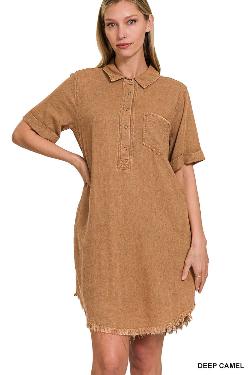 WASHED LINEN BUTTON DOWN V-NECK DRESS
