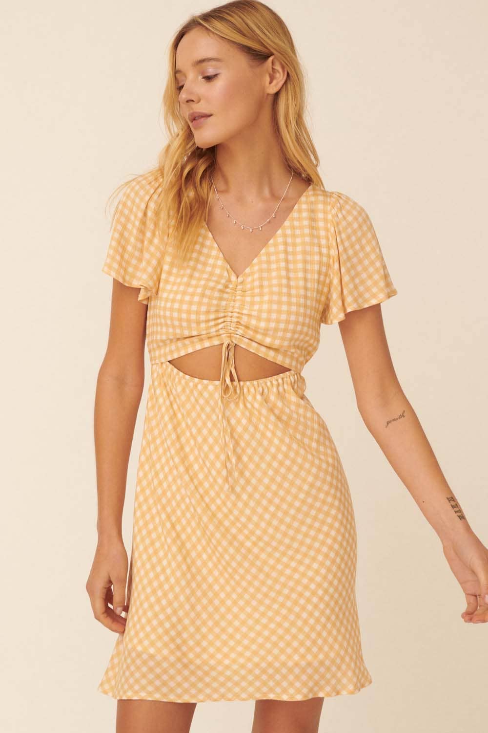 Plaid V-Neck Front Cutout Elastic Waist Mini Dress