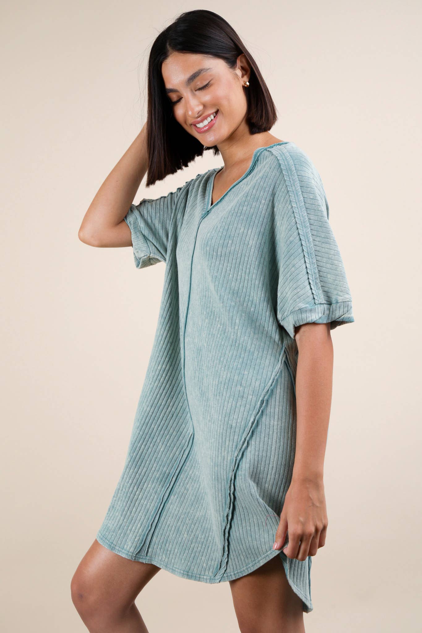 Mineral Washed Ribbed Knit Shift Mini Dress