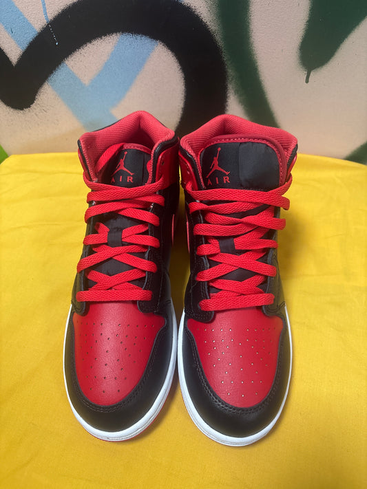 Nike Air Jordan 1 Mid "Alternate Bred" sneakers in a black, fire red, and white colorway Size 7 youth