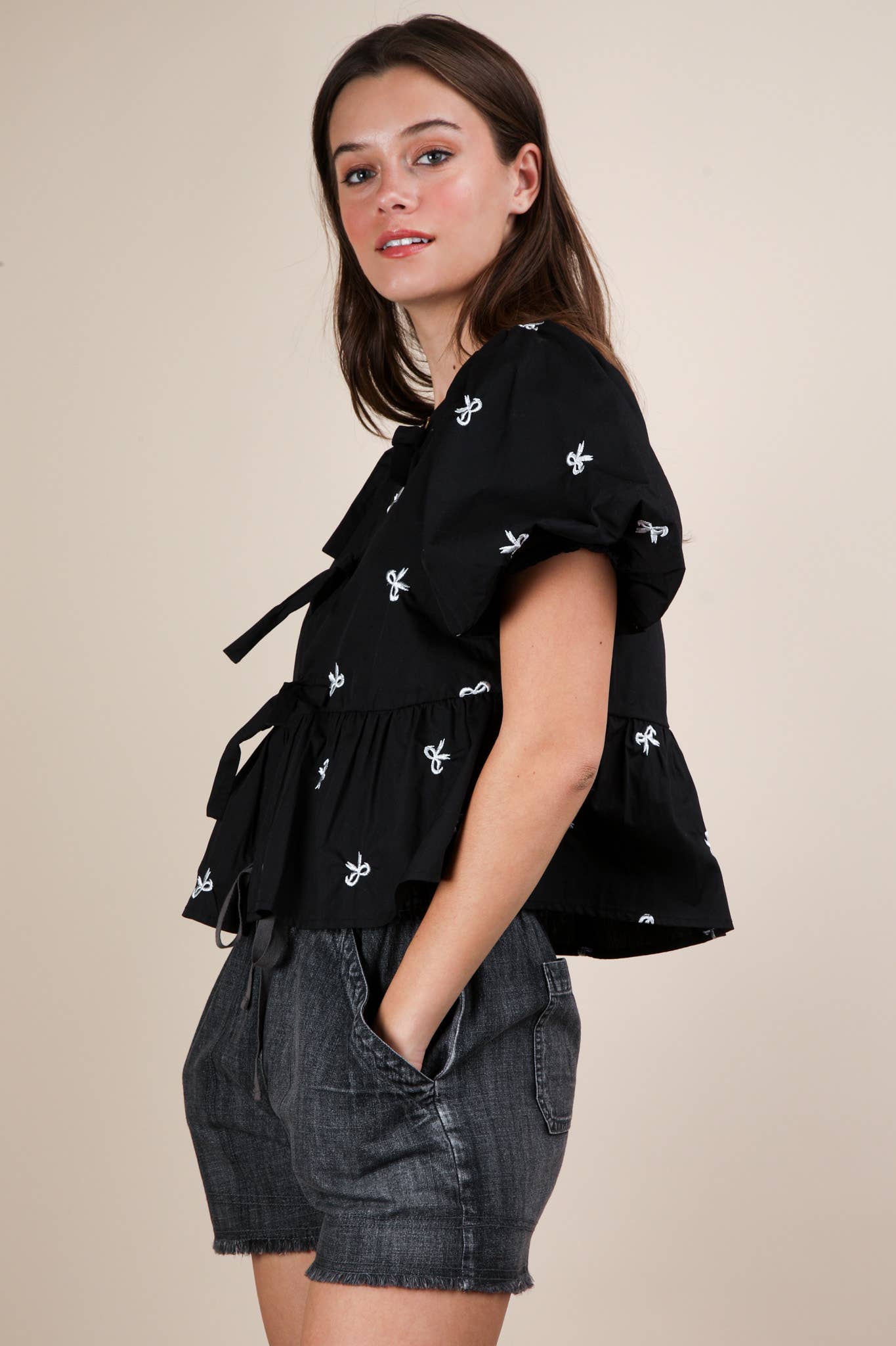 Black Front Tie Bow Embroidered Blouse Top