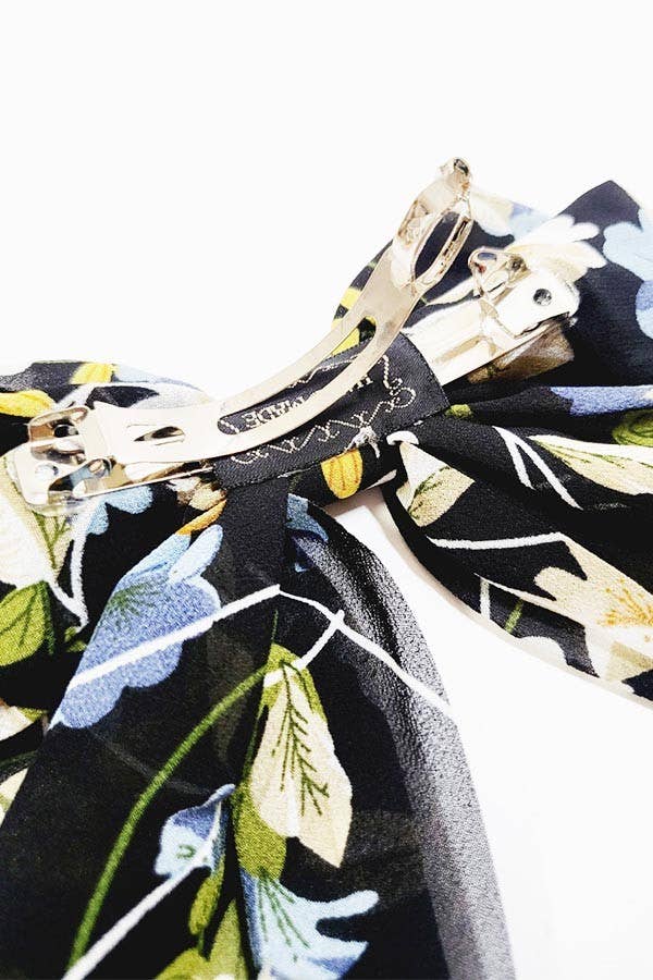 Flower Print Long Tail Barrette Double Hair Bow