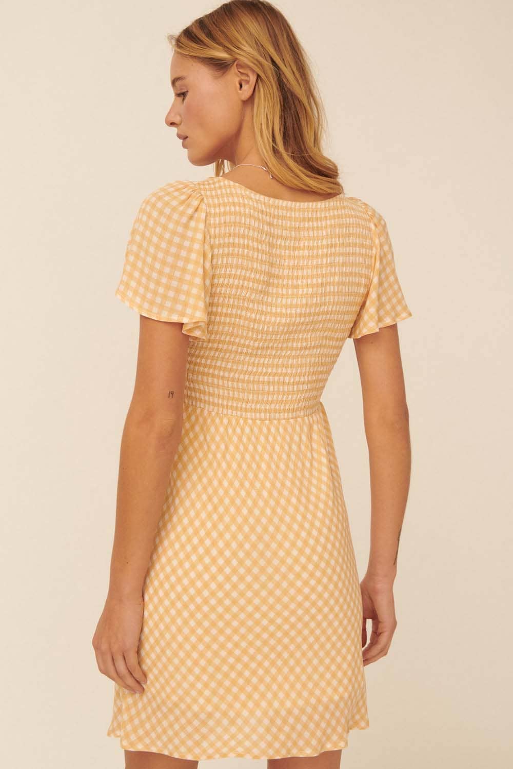 Plaid V-Neck Front Cutout Elastic Waist Mini Dress