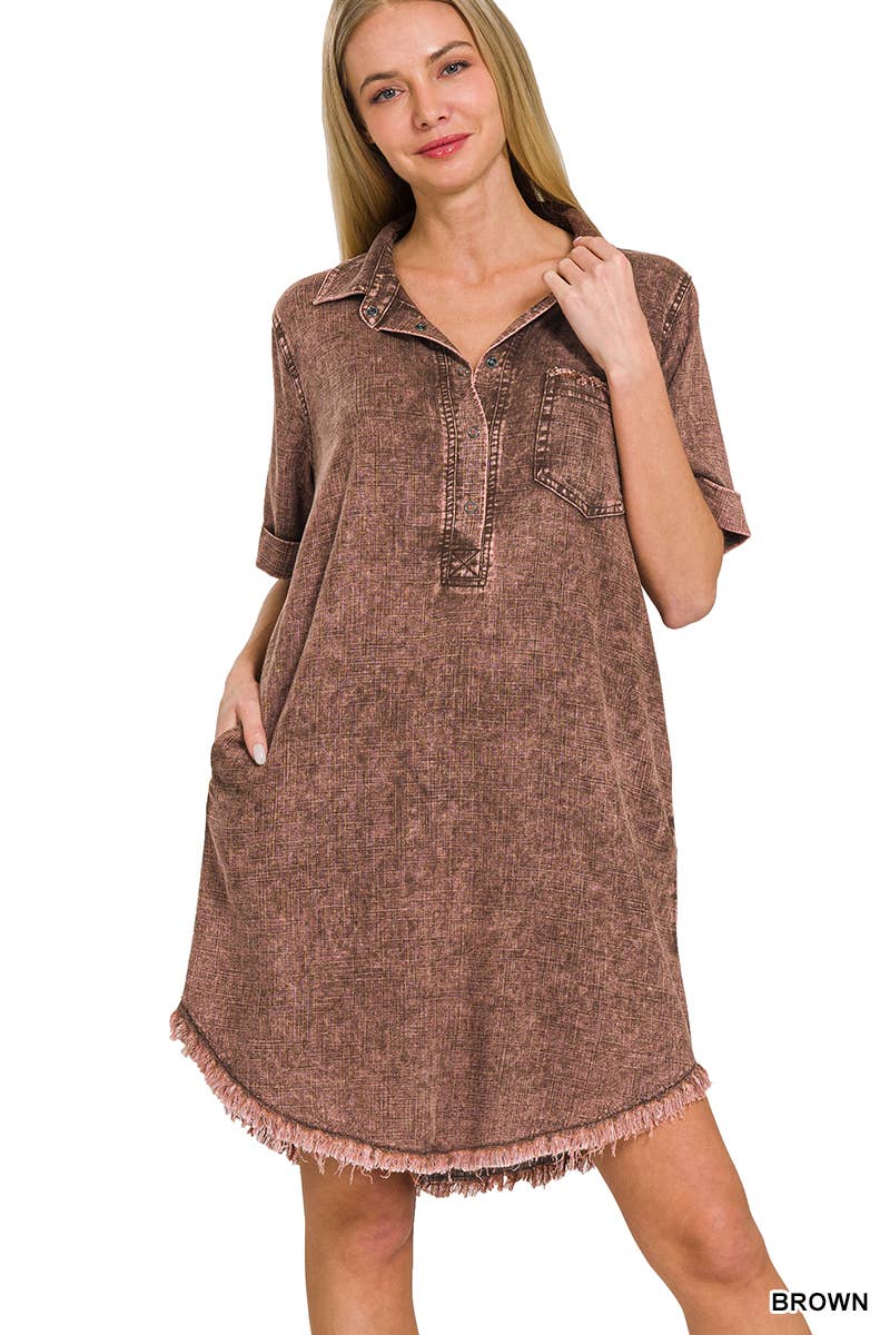 WASHED LINEN BUTTON DOWN V-NECK DRESS
