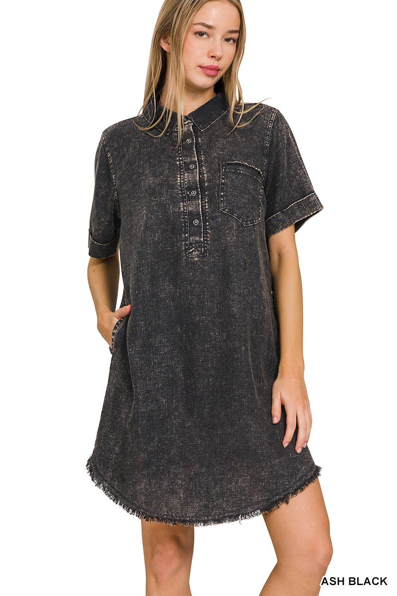 WASHED LINEN BUTTON DOWN V-NECK DRESS