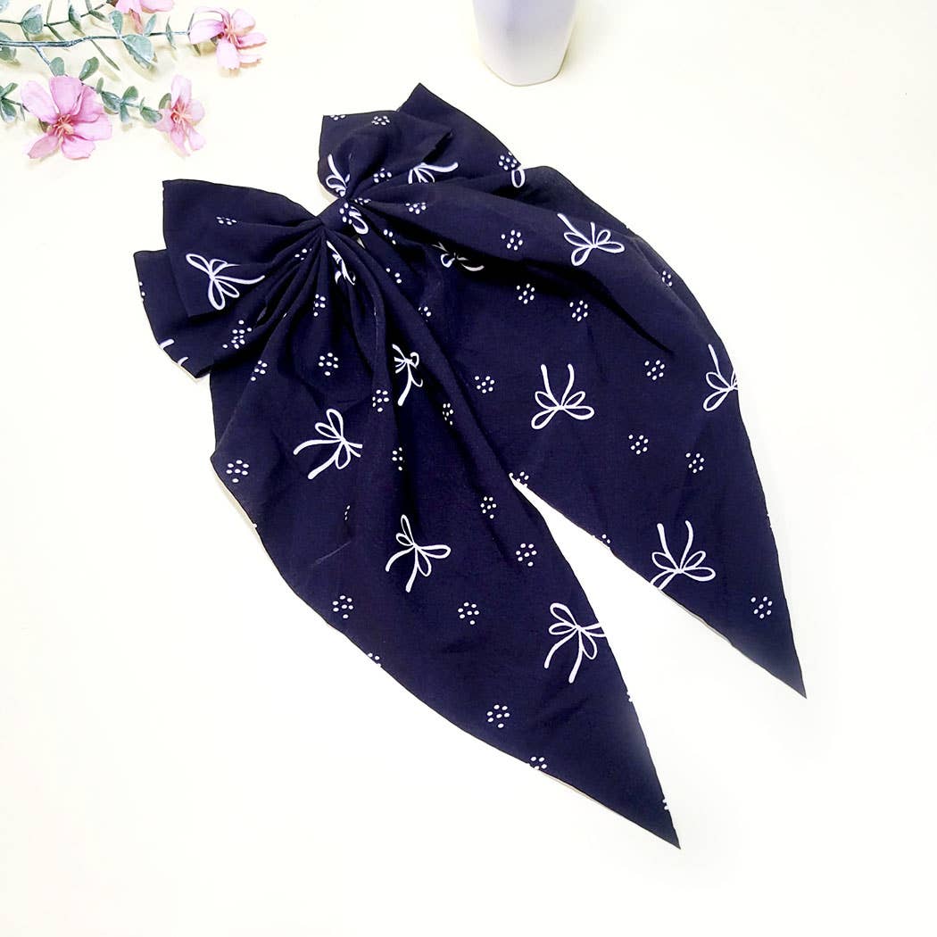 Ribbon Print Long Tails Hair Bow