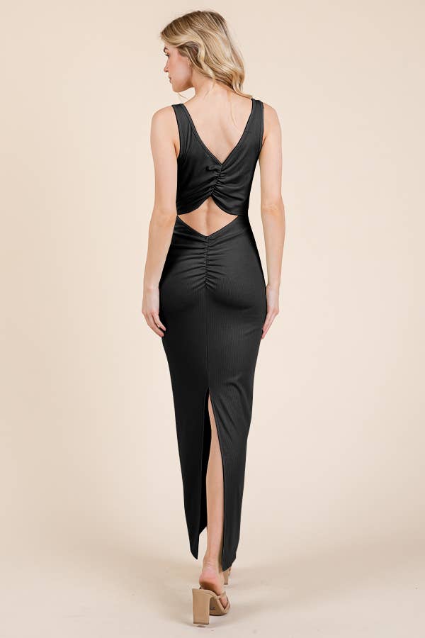 BACK RUCHED TANK BACK SLIT RIB MAXI DRESS