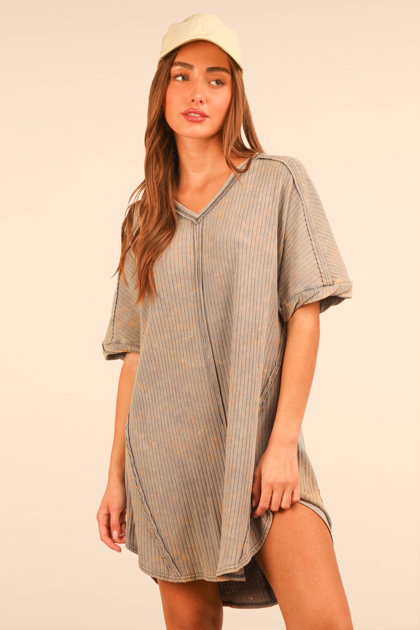 Mineral Washed Ribbed Knit Shift Mini Dress