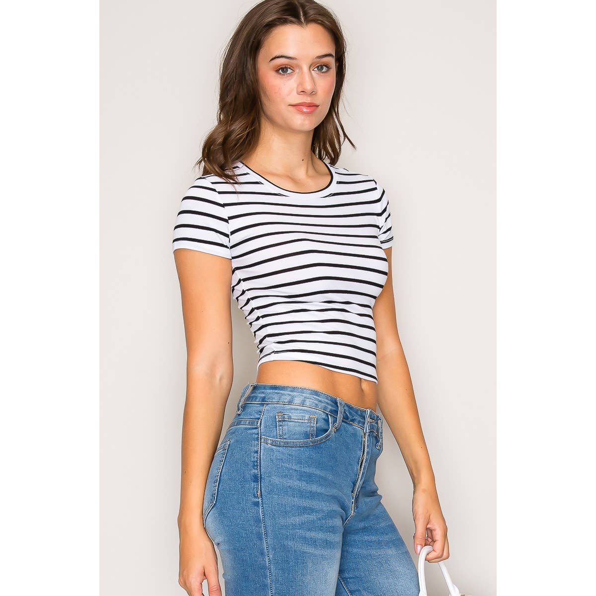 Striped Crew Neck Short Sleeve Cotton Jersey Top