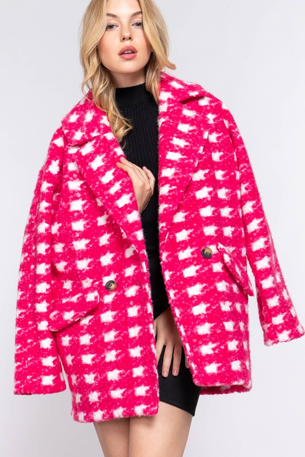 Long Sleeve Double Breasted Check Print Boucle Fleece Coat