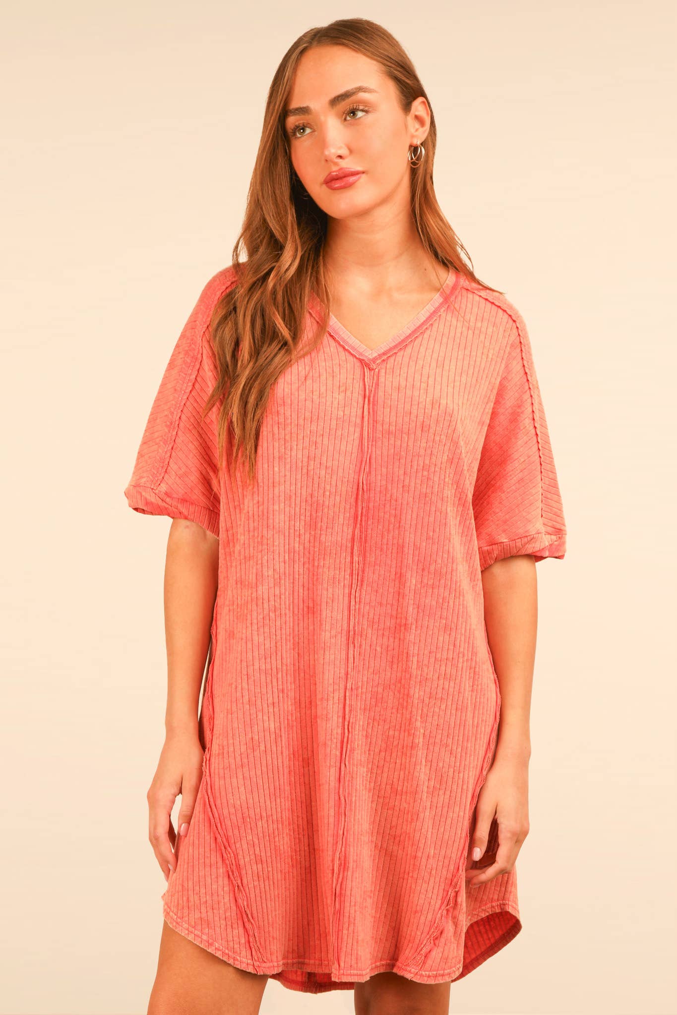 Mineral Washed Ribbed Knit Shift Mini Dress