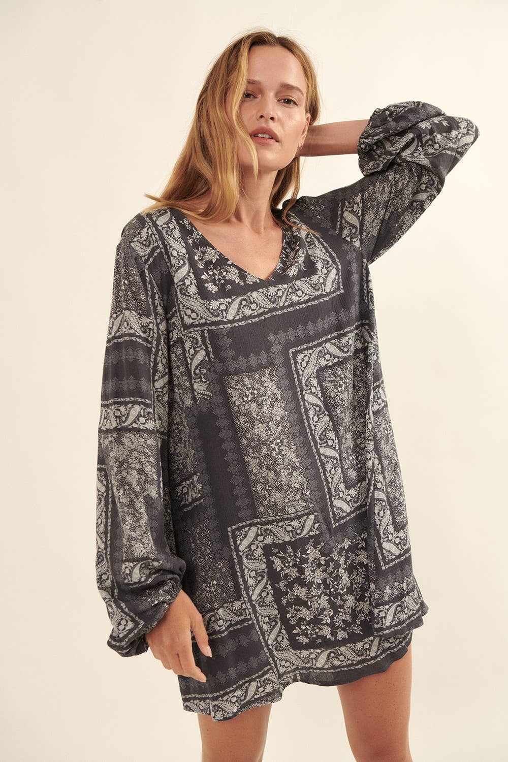Bandana-Print Long-Sleeve Cutout Mini Shift Dress